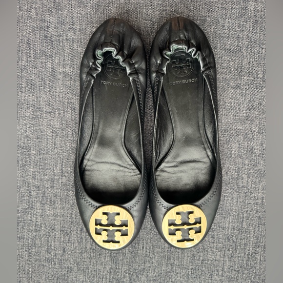 Tory Burch Black Leather Reva Logo Ballet Flats - Size 9 - Picture 12 of 14